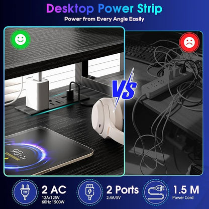 DurayLoly 47" Gaming Desk with Hutch and Cabinet to Display, Gaming Table with 3 Drawers for Small Space Storage, 2 AC Power Outlets and RGB Light, Monitor Stand for Student Bedroom