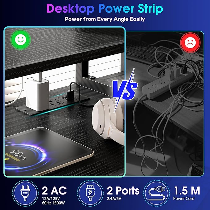 DurayLoly 55" Black Computer Desk with 2 Acrylic Cabinet & 3 Fabric Drawers | Integrates Ample Storage & Display, Great Fit for Small Spaces, Outlets Suitable for Studying, Working & Gaming Equipments
