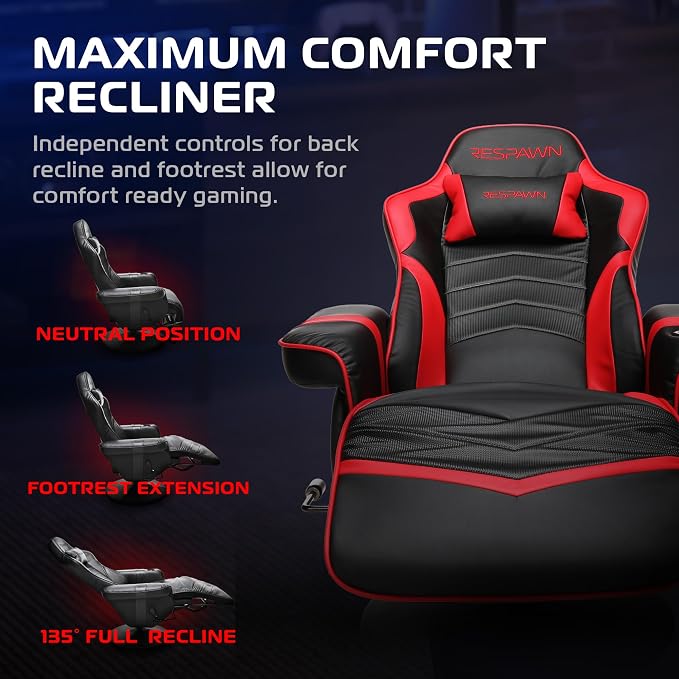 Respawn 900 Console Gaming Recliner with Footrest and Lumbar Support - Comfortable Ergonomic Gaming Chair with Headrest, No Wheels, Reclining, Heavy Duty, Racing Style Video Game Chairs - Red