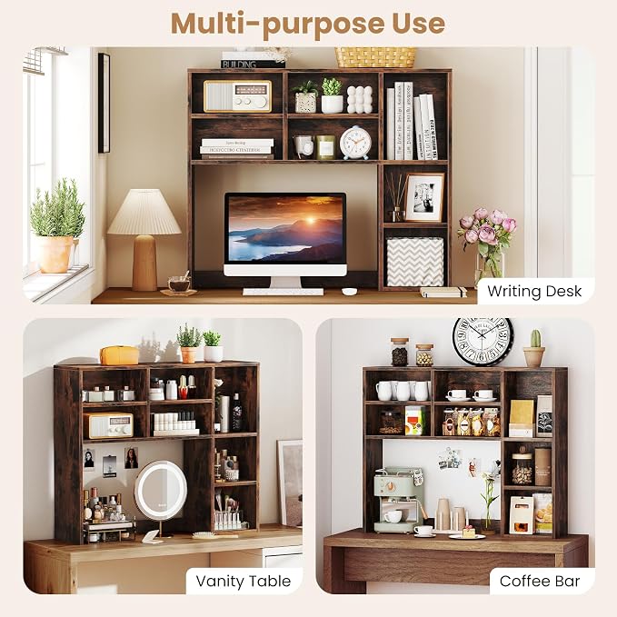 GOFLAME 7 Cubes Desktop Bookshelf, 37” Desk Organizer Shelf with 3 Adjustable Shelves, 3-Tier Wood Countertop Display Rack, Multipurpose Tabletop Desk Hutch for Dorm, Home Office, Rustic Brown