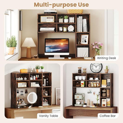 GOFLAME 7 Cubes Desktop Bookshelf, 37” Desk Organizer Shelf with 3 Adjustable Shelves, 3-Tier Wood Countertop Display Rack, Multipurpose Tabletop Desk Hutch for Dorm, Home Office, Rustic Brown