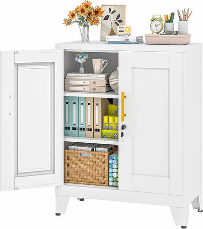 36" Metal Storage Cabinet with Lock,Steel Locker Organizer, Office File Cabinet with 2 Doors and 2 Adjustable Shelves,Outdoor Tool Garage Cabinets for Home Office,Gym,School,Warehouse(White)