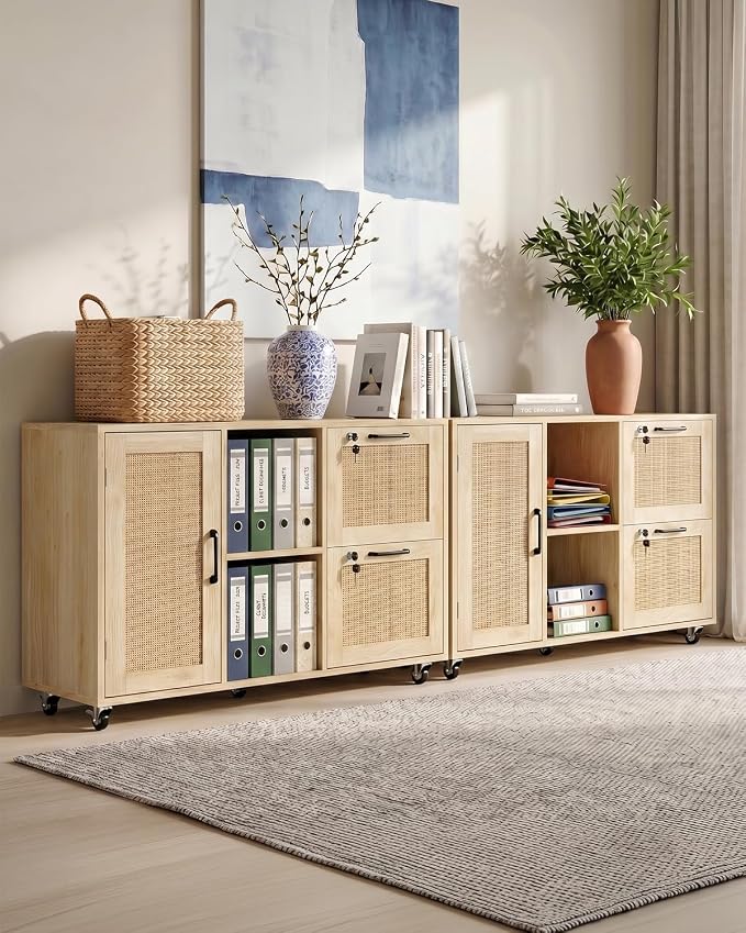 Lateral File Cabinets for Home Office, 2 Drawer and Doors Filing Cabinet with Lock, Wide Rattan Filing Organization Storage Cabinets with Printer Stand for Hanging Files/A4/F4 Size, Natural Wood