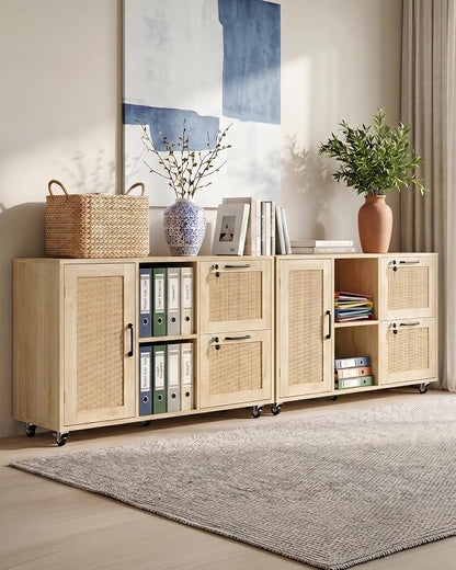 Lateral File Cabinets for Home Office, 2 Drawer and Doors Filing Cabinet with Lock, Wide Rattan Filing Organization Storage Cabinets with Printer Stand for Hanging Files/A4/F4 Size, Natural Wood