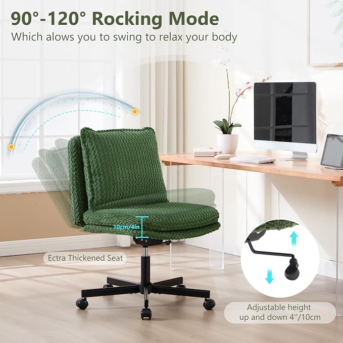 Fizzin Criss Cross Chair,Armless Cross Legged Chair with Wheels,Memory Foam Seat Office Desk Chair with Flipable Back Cushion,Mid Back Swivel Chair for Home Office,Bedroom Vanity (Green)