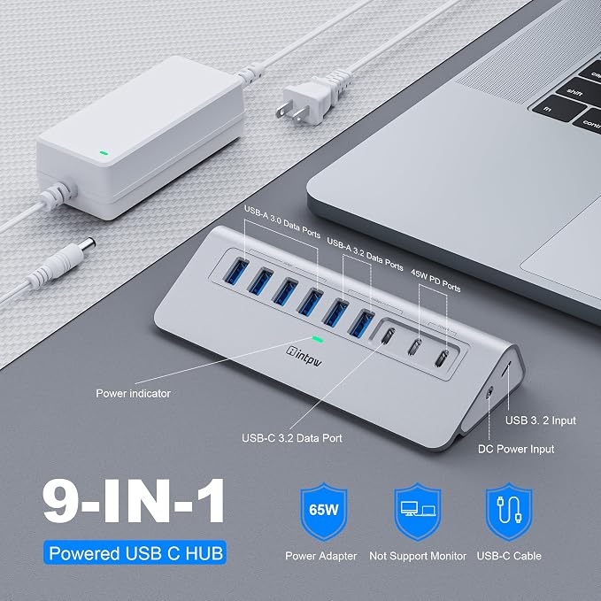 Powered USB Hub 10Gbps, intpw 9-Port USB 3.2 Hub, USB C with USB A/USB 3.2 Hub, 4 USB 3.0, 2 PD 45W Charging Port, 65W Power Adapter and 3.3FT Cable, Aluminum USB Hub for PC/Laptop, iPhone 17/16/15