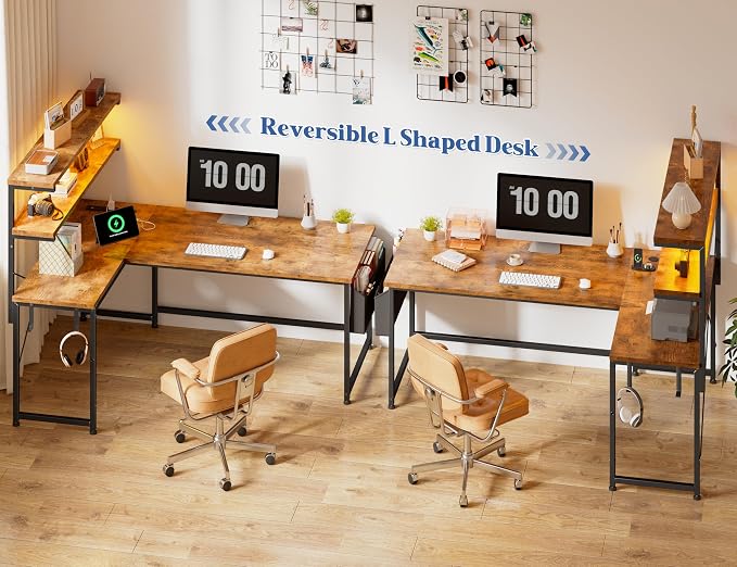 DurayLoly L Shaped Gaming Desk with LED Light & Power Outlet, 43.3 Inch Reversible Computer Desk with Shelf & Storage Bag & Hook for Home Office, Rustic Brown