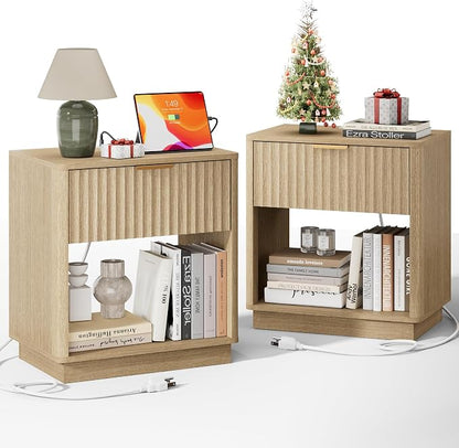 Fluted Nightstand, Night Stand Set 2, 23" Wide Nightstands Set of 2 with Charging Station, Large Wooden End Table with Drawer, Modern Bedside Table for Bedroom, Curved Corners, Natural Oak