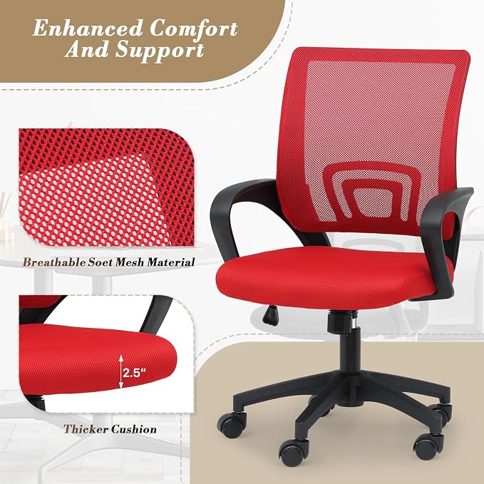 Athena Collection Computer Office Chair, Ergonomic Desk Chair with Rolling Wheels, Mesh Back Support and Height Adjustable, Small and Comfy for Home Office, Study, Red