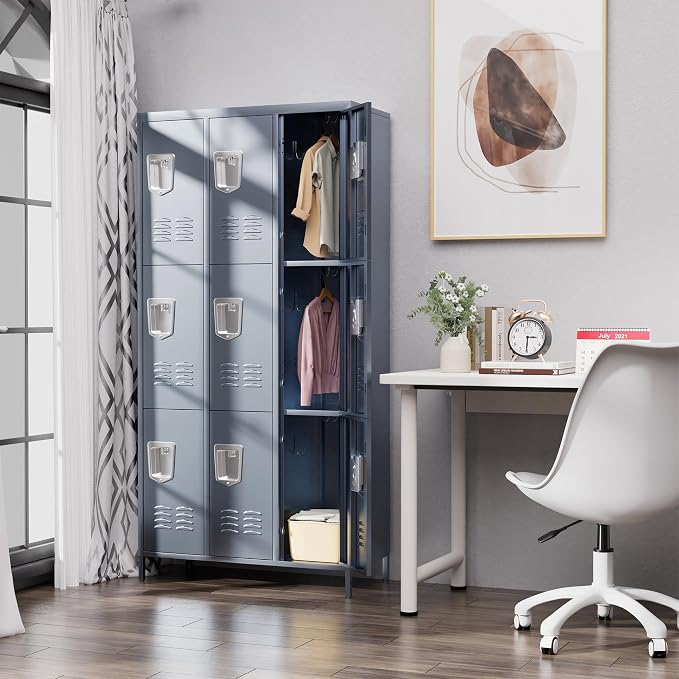 9 Door Metal Lockers for Employees,9 Heavy-Duty Hooks,72" Secure Storage for Home,Offices,Schools & Gyms | Gray