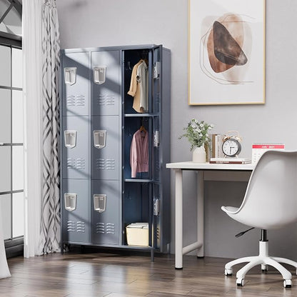9 Door Metal Lockers for Employees,9 Heavy-Duty Hooks,72" Secure Storage for Home,Offices,Schools & Gyms | Gray