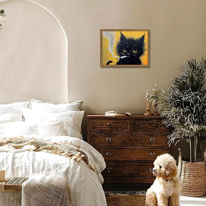 Vintage Black Cat Wall Art, Black Cat Painting Portrait Wall Decor, Mens Room Canvas Print Poster, Cool Animals Picture Art for Bathroom Decor 16x24 inch Wood Framed