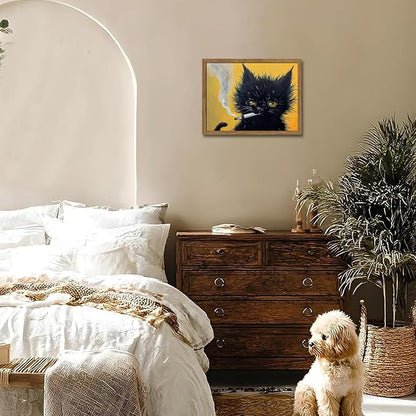 Vintage Black Cat Wall Art, Black Cat Painting Portrait Wall Decor, Mens Room Canvas Print Poster, Cool Animals Picture Art for Bathroom Decor 16x24 inch Wood Framed