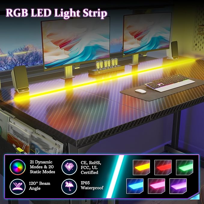 DurayLoly 48" Gaming Desk with Waterproof LED Lights, Carbon Fiber Desktop for Small Spaces | Home Office Study Computer Desk with Storage Bag & Headphone Hook, Black