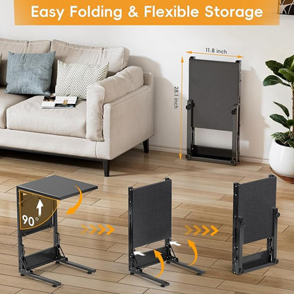 Folding C Shaped End Table, Small Folding Side Table with Storage Bag, Portable TV Tray for Couch, Sofa, Bed, Black
