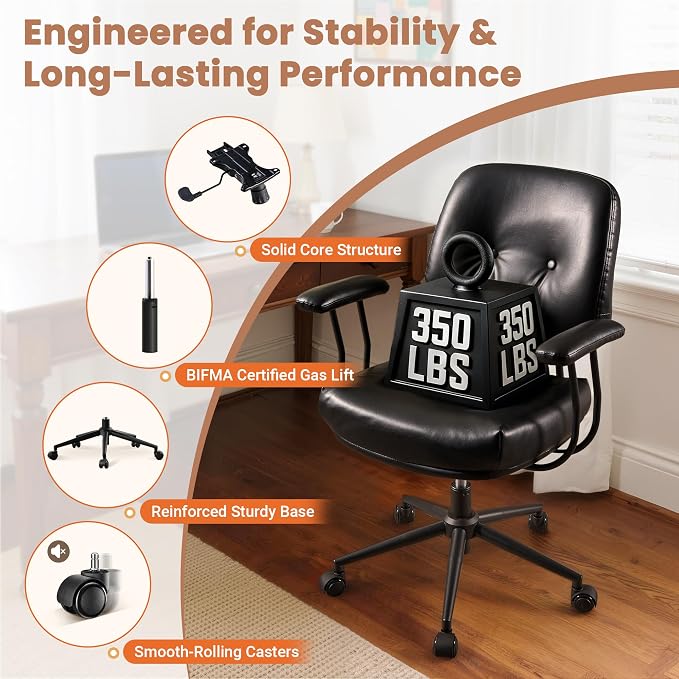 Leather Home Office Chair, Mid Back Ergonomic Desk Chair with Lumbar Support, Mid Century Modern Deep Seat Swivel Rocking Computer Chair, Black
