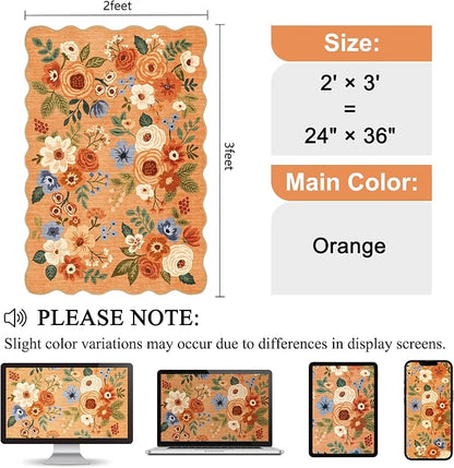 DUKINO 2x3 Entryway Rug, Floral Washable Indoor Door Mat with Non-Slip Backing, Soft Low Pile Small Front Door Throw Rugs for Entryway, Kitchen, Bedroom, Laundry, Bathroom, Orange