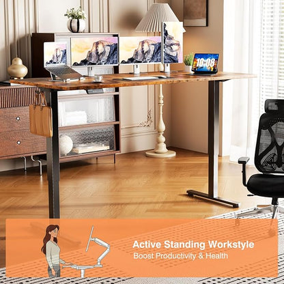 Sweetcrispy 63 Inch Electric Standing Desk, Height Adjustable Sit Stand Up Desk, Computer Workstation Home Office Gaming Rising Table with Memory Preset Splice Board, Rustic Brown