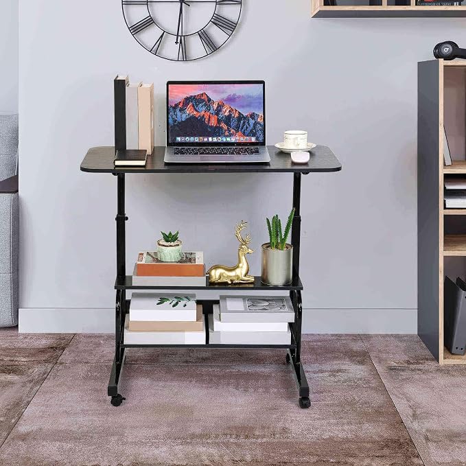 Adjustable Height Mobile Computer Desk for Small Space Rolling Table with Wheels Desk Home Office Study Desk Portable for Bedrooms Work Size 31.5x15.7 Inch Black with Storage Gaming Table B