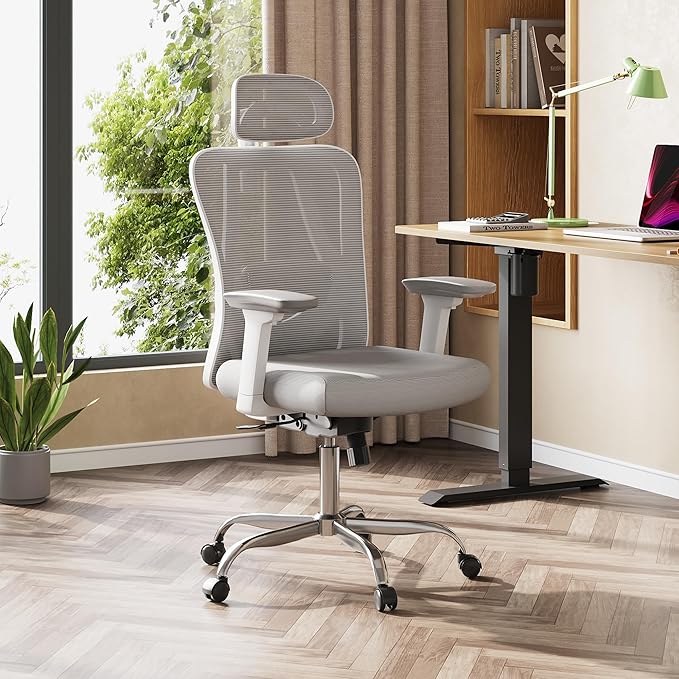 DEVAISE Ergonomic Mesh Office Chair with Adjustable 3D Headrest and Tilt Function, Big and Tall Reclining Comfy Home Computer Desk Chair with Lumbar Support and 3D Armrests, White