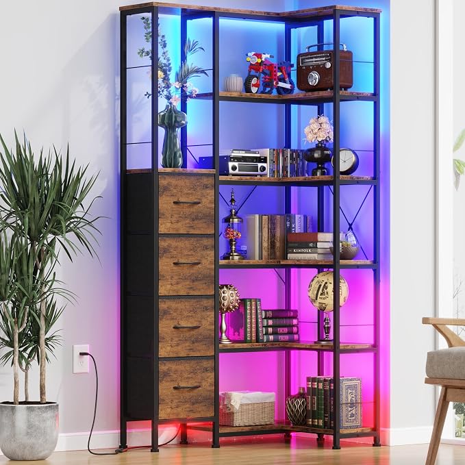 AFLUI 6-Tier Corner Bookshelf with LED and 4 Fabric Drawers | Corner shelf with left/right short side; LED light for home office, bedroom, living room