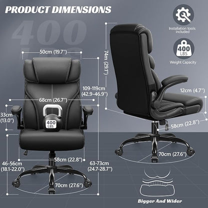 HeroSet Office Chair, Ergonomic Big and Tall Computer Desk Chairs, Executive Breathable Leather Chair with Adjustable Flip-up Armrests, Lumbar Support Swivel PC Chair with Rocking Function,Matte Black