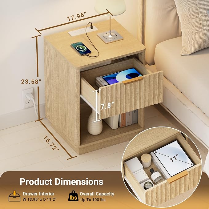Fluted Nightstand, Modern Night Stand, Nightstand with Charging Station, Wooden End Table with Drawer & Open Shelf, Bedside Table for Bedroom Sofa Home Office, Curved Corners, Natural Oak