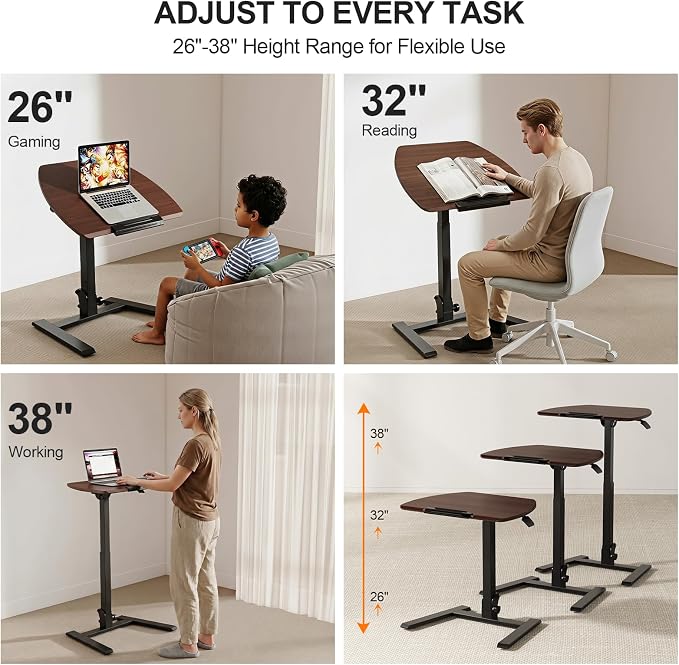 ROMOON Folding Portable Standing Desk with Wheels, No-Assembly Rolling Height-Adjustable Sit-Stand Table, Space-Saving Foldable Laptop Cart for Home Office and Computer Workstation (Walnut)