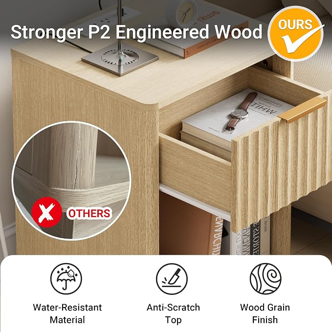 Fluted Nightstand, 23" Wide Night Stand, Large Modern Nightstand with Charging Station, Wooden End Table with Drawer, Bedside Table for Bedroom Sofa Home Office, Curved Corners, Natural Oak