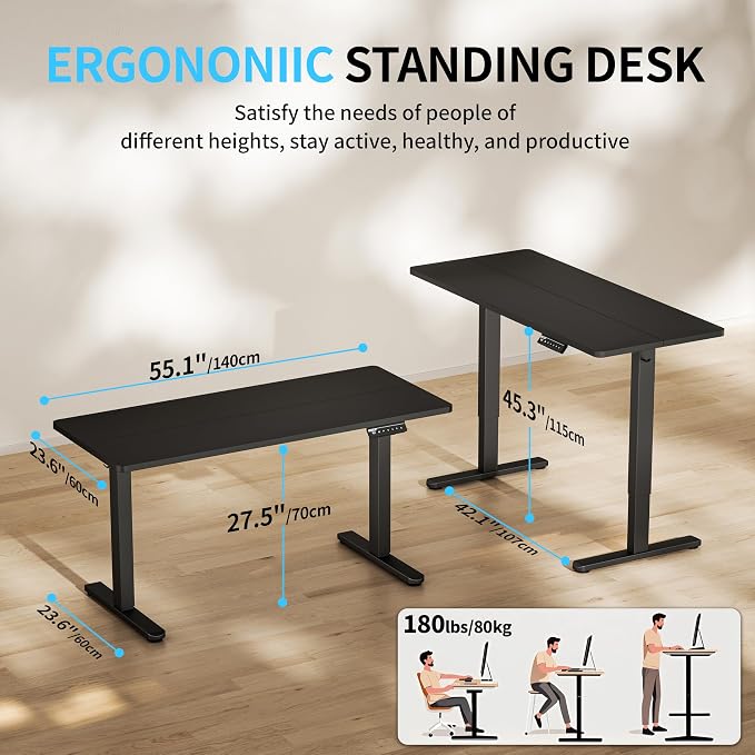 BIZUM Electric Standing Desk, 55" x 24" Height Adjustable Desk, Black Sit to Stand Desk Memory Gaming Computer Workstation for Home Office