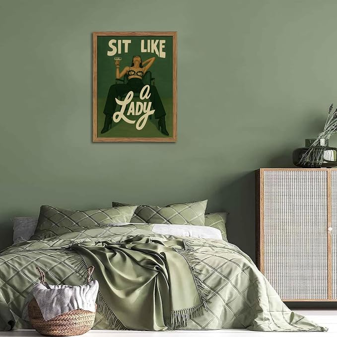 Framed Feminist Wall Art, Vintage Sit Like a Lady Green Wall Decor, Bold Girl Power Feminine Poster Print, Retro Empowering Female Canvas Painting Aesthetic for Bedroom Dorm 8x10 inch