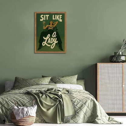 Framed Feminist Wall Art, Vintage Sit Like a Lady Green Wall Decor, Bold Girl Power Feminine Poster Print, Retro Empowering Female Canvas Painting Aesthetic for Bedroom Dorm 8x10 inch