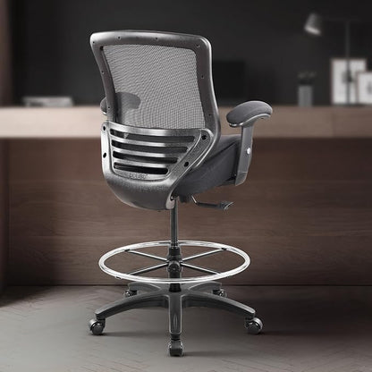 BOLISS 400lbs Ergonomic Office Drafting Chair Mid Mesh Back for Height Adjustable Desk 21inch Foot Ring Height Adjustable Armrest (Black) ﻿