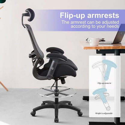 BOLISS 400lbs Ergonomic Drafting Chair,Tall Office Mesh Chair, Standing Desk Chair,Height Adjustable Armrest and Flip up Arms, Adjustable Lumbar Cushion (Black Frame Black Mesh)
