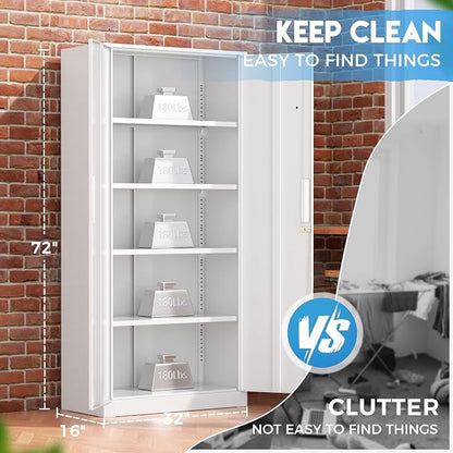 Greenvelly White Metal Storage Cabinet, 72" Steel Locking Cabinet with Doors and 4 Adjustable Shelves, Tall Tool Cabinets Lockable File Cabinet for Home Office, Metal Classroom Cabinet for Garage