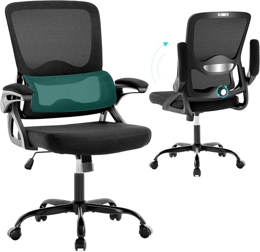 Ergonomic Office Chair,Mesh Office Chair with Lumbar Support,Mid Back Desk Chair with Flip-up Arms,400 lbs Comfy Computer Chair for Home Office (Jet Black)