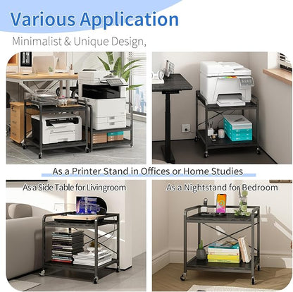 METYERRY Under Desk Printer Stand with Power Outlet,2 Tier Large Printer Table with Adjustable Shelf,Rolling Printer Cart with Industrial Wheels for Home Office,20"×20" Black