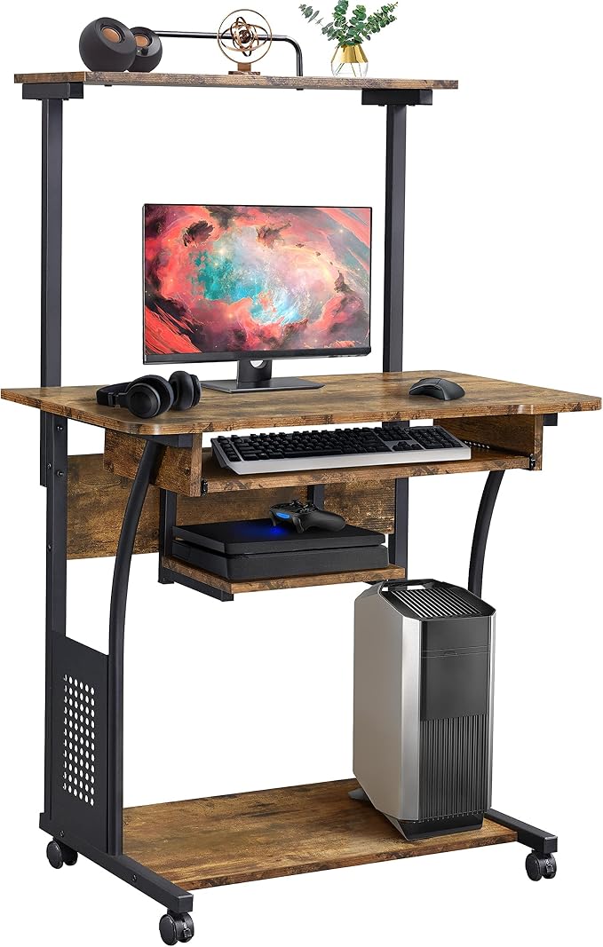 Topeakmart Retro Computer Desk on Wheels Mobile Computer Desk with Printer Shelf and Keyboard Tray, 3 Tiers Home Office Desk with Storage for Small Space, Compact Computer Workstation, Rustic Brown