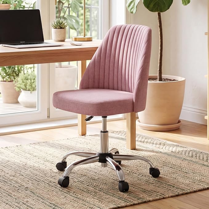 DUMOS Office Chair, Comfy Desk Chair Rolling Vanity Swivel Task Chairs with Wheels, Wide Seating Armless Height Adjustable Computer Chairs for Home,Bedroom,Student,Adults, Blush