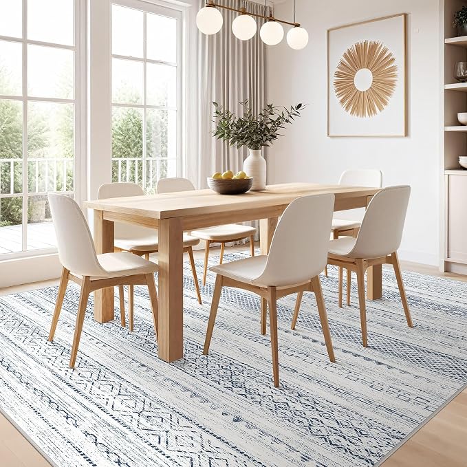 Nakagishi 5x7 Area Rugs Living Room: Washable Boho Large Neutral Soft Farmhouse Rug Stain Resistant Modern Indoor Floor Non-Slip Carpet for Bedroom Nursery Kids Playroom Office Dining Dorm-White Blue