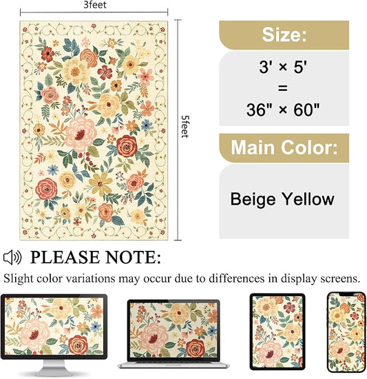 DUKINO 3x5 Area Rug, Floral Rugs for Living Room, Lightweight Non Slip Washable Rug, Indoor Low Pile & Non-Shedding Boho Design Rugs for Bedroom, Living Room, Dining Room, Beige Yellow