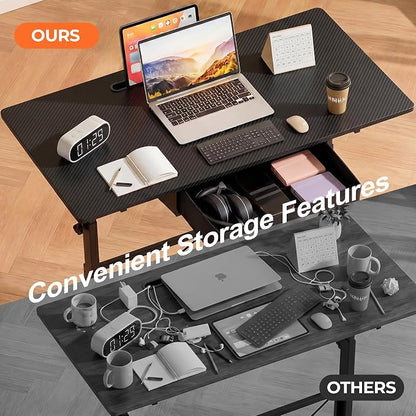 COMHOMA Small Standing Desk with Storage Drawer, Mobile Height Adjustable Rolling Sit Stand Desk with Lockable Wheels 4‑Level Portable Laptop Desk for Small Space Home Office Treadmill Workstation