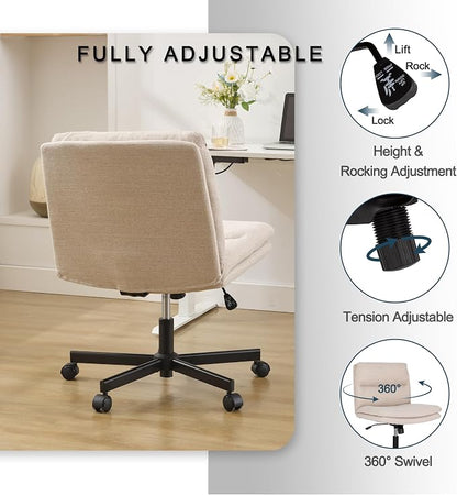 Okeysen Criss Cross Chair with Wheels, Armless Wide Seat Cross Legged Comfy Office Desk Chair, Height Adjustable Swivel Computer Task Chairs for Home, Office, Vanity, Beige