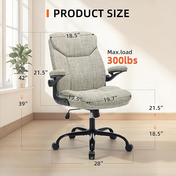 Home Office Ergonomic Desk Chair - Comfy Fabric Executive Chair with Flip-Up Armrests, Height Adjustable Computer Chair for Gaming, 360° Swivel & Rocking (Mint Green)