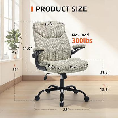 Home Office Ergonomic Desk Chair - Comfy Fabric Executive Chair with Flip-Up Armrests, Height Adjustable Computer Chair for Gaming, 360° Swivel & Rocking (Mint Green)