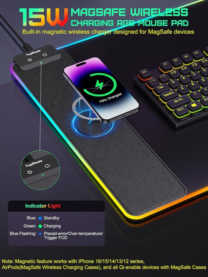 TopMade Mouse Pad with Wireless Charging, 31.5" x 15.75" Large Desk Mat RGB Gaming Mousepad, LED Desk Pad Keyboard Pad with Ultra-Smooth Surface & Non-Slip Rubber Base, Waterproof Desk Pad