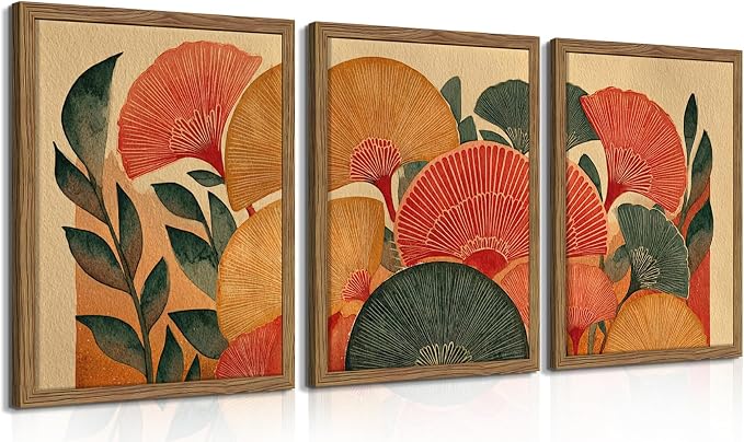 Framed Colorful Botanical Wall Art Set of 3, Vintage Ginkgo Leaves Canvas Wall Decor Paintings, Mid Century Abstract Flowers Posters Prints Pictures for Living Room Bedroom Bathroom 16x24 Inch