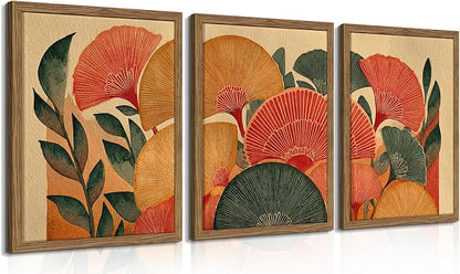 Framed Colorful Botanical Wall Art Set of 3, Vintage Ginkgo Leaves Canvas Wall Decor Paintings, Mid Century Abstract Flowers Posters Prints Pictures for Living Room Bedroom Bathroom 12x16 Inch