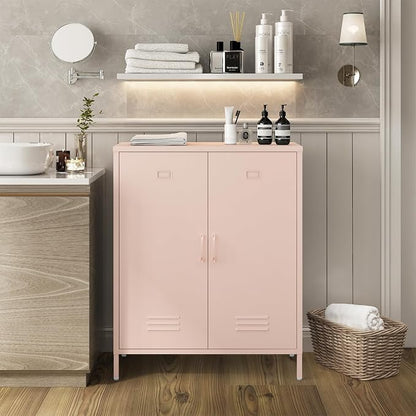 Steehoom Metal Storage Cabinet with 2 Door and Shelves, Metal Pink Locker Cabinet Console Table for School, Pantry, Dining Room, Office, Garage (Pink, H35.43'')