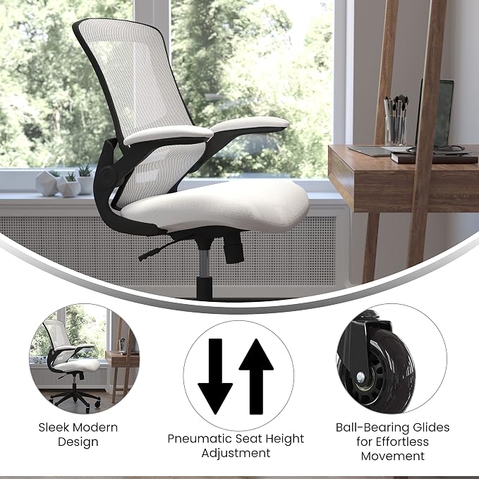 Flash Furniture Kelista Mid-Back White Mesh Swivel Ergonomic Task Office Chair with Flip-Up Arms and Transparent Roller Wheels
